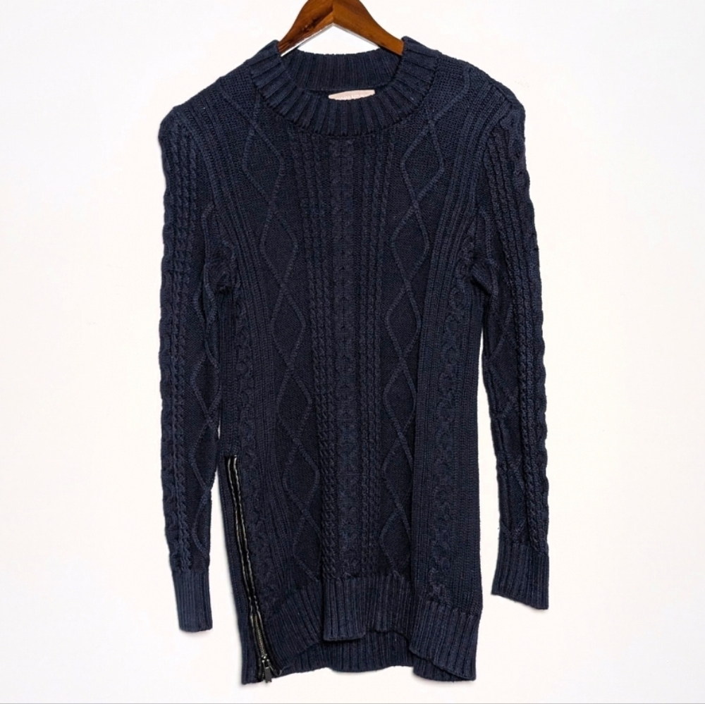 Banana Republic Women's Faux-Leather Trim Cable-Knit Pullover Small Cotton‎ Navy - Picture 6 of 9